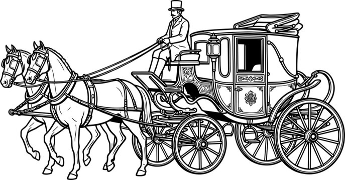 Victorian stagecoach pulled by two horses with a driver in formal attire