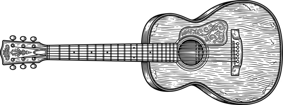 Vintage acoustic guitar featuring wood grain and ornate pickguard