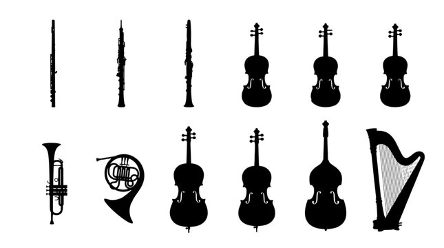 Musical instruments icons set with harp, trumpet, guitar, and banjo silhouettes in monochrome vector style