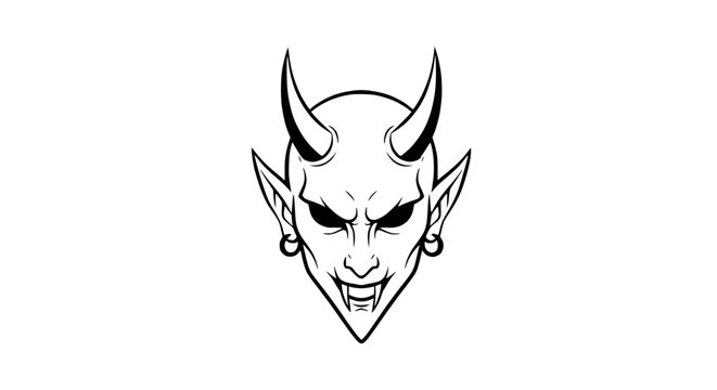 Evil Demon Face Illustration - Spooky Character with Horns and Fangs