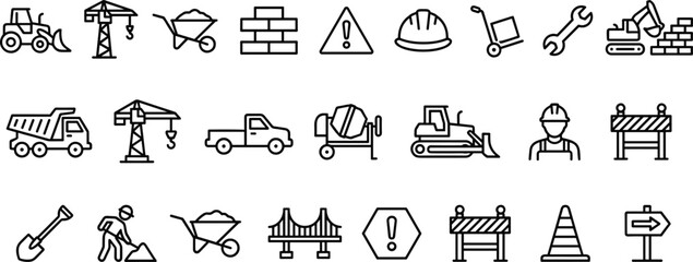 Black and white linear vector icons set representing construction site machinery equipment safety gear tools and engineering symbols © Abdul