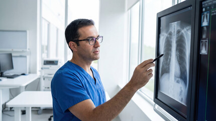 Fototapeta premium Doctor reviewing chest xray on digital monitor in modern clinical setting