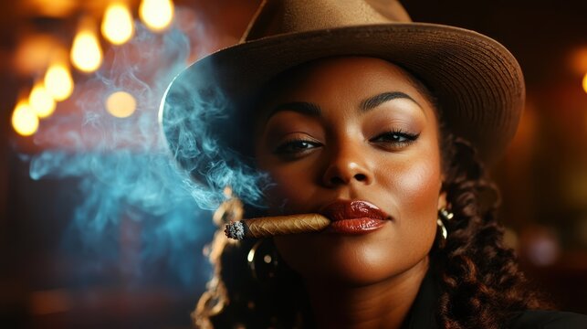 This striking image features an elegant woman confidently holding a cigar, exuding charisma and a sense of sophistication with a stylish hat in a warm, inviting setting.