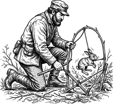 Wilderness survivalist setting a wooden snare trap for a rabbit