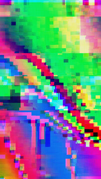 Abstract digital noise texture with pixel sorting and chromatic aberration. Neon signal corruption background with scanline artifacts for rave posters and electronic music event designs.