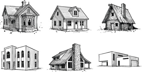 Obraz premium Hand-drawn architectural sketches of various house styles including Victorian, suburban, log cabin, modern, and A-frame cottages