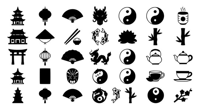 Asian culture icon set with traditional symbols and vector logo illustrations