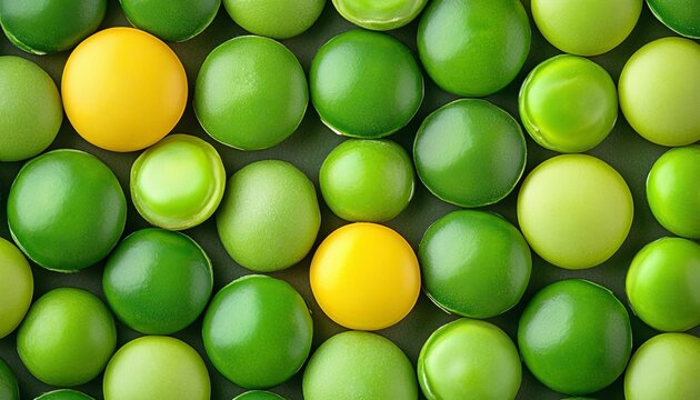 Artistic Flatlay of Green Spheres and Lemon Fruits with Geometric Pea Fragments and Ingredients