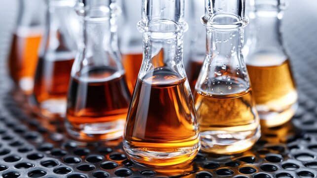 A stunning arrangement of glass bottles filled with colorful oils highlights the beauty of culinary nuances and the essence of flavor and aroma in cooking.