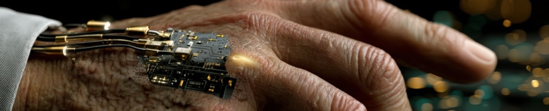 Elderly hand with futuristic medical smart patch delivering insulin automatically based on real time data in bright lab.