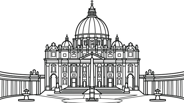 St. Peter&rsquo;s Basilica silhouette vector with obelisk and colonnade for Vatican heritage, Renaissance architecture, tourism, culture, landmark design, illustration, and education projects