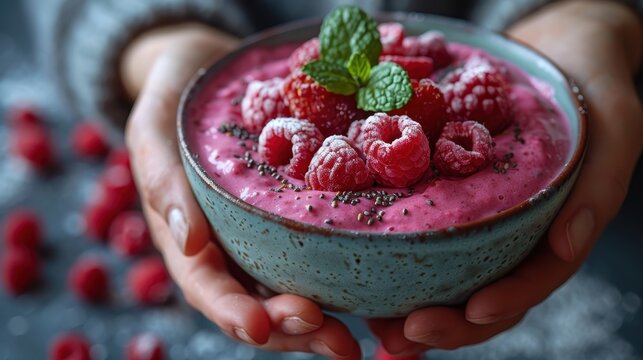 A beautiful smoothie bowl filled with raspberries, mint, and chia seeds, showcasing a delightful blend of colors and textures inviting healthy eating and culinary exploration.