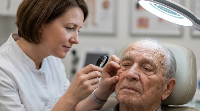 Dermatologist using loupe to examine extensively photo-aged elderly patient facial skin
