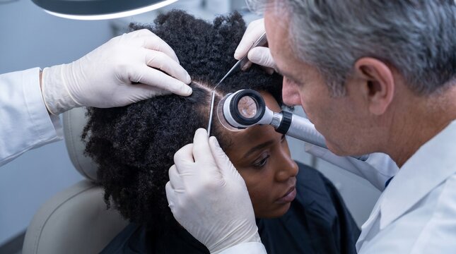 Dermatologist parting Black patient natural hair to examine scalp with dermoscope