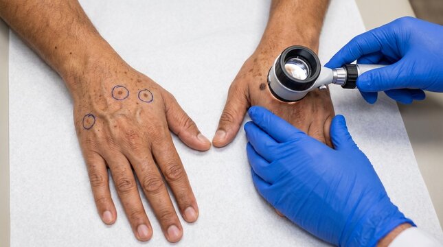Dermatologist examining both patient hands comparing mole mapped and dermoscoped sides