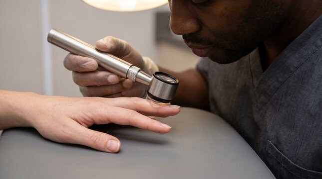 Specialist dermatologist examining nail fold capillaries with contact dermoscope
