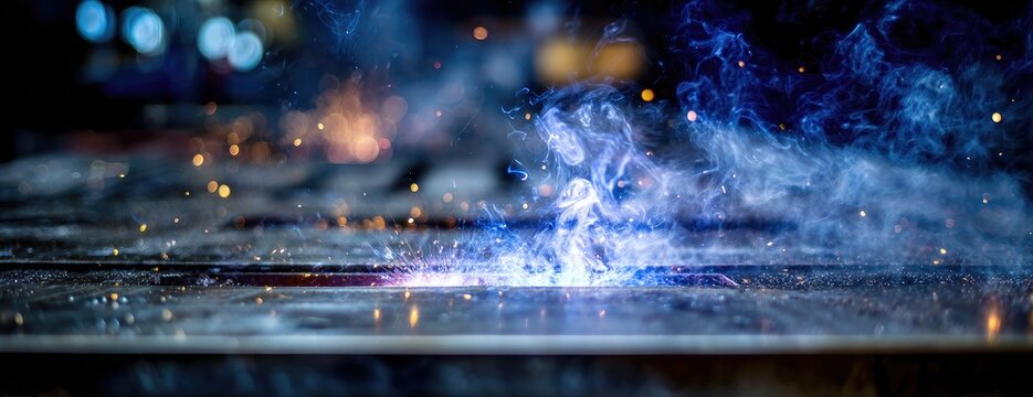 A close-up shot of a welding process, showcasing sparks, smoke, and intense blue light