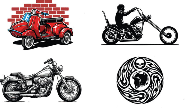 Vector illustrations of vintage red motor scooter with sidecar, custom chopper motorcycle, classic black motorbike, and burning helmet with skull emblem