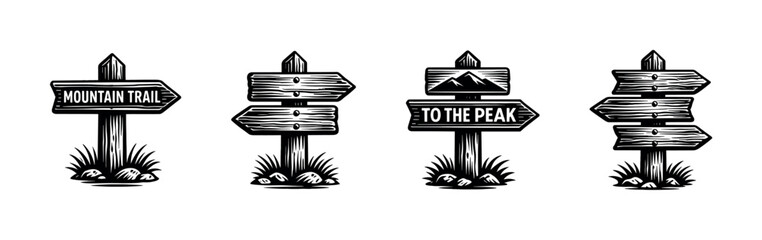 Fototapeta premium Vintage wooden signposts indicating mountain trail and peak destinations