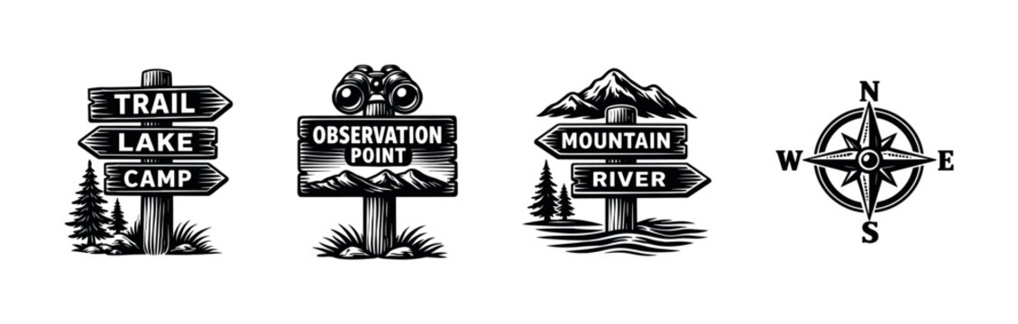 Outdoor adventure signs and compass rose illustration in vintage woodcut style