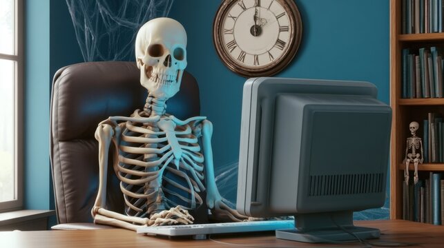 Human skeleton sitting at desk using vintage computer in office room