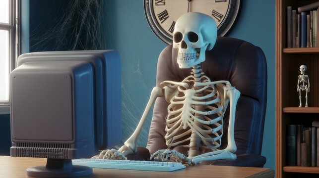 Human skeleton sitting at desk using computer with clock background