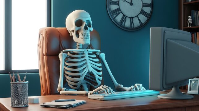 Human skeleton sitting at office desk working on computer in modern room