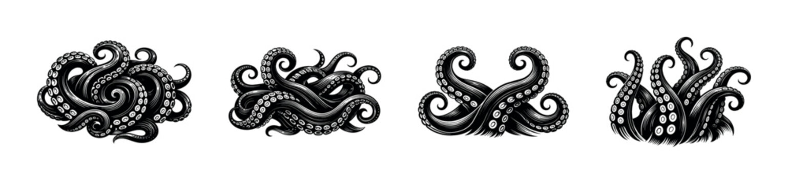 Collection of stylized black octopus tentacles with suction cups in a graphic design