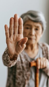 Senior woman raising hand in stop gesture while holding a cane &mdash; elder abuse prevention and protection awareness concept