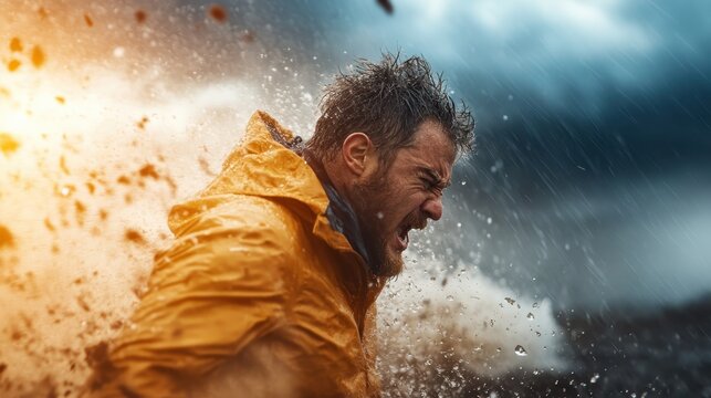 A man in a yellow raincoat battles against powerful weather elements, imbuing feelings of strength, resilience, and the raw force of nature amidst a stormy backdrop.