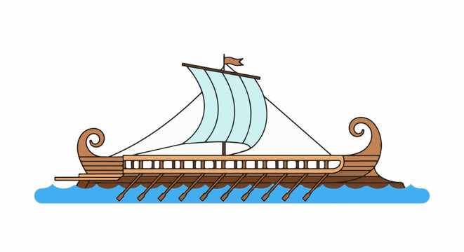 Wooden ancient ship with oars and sail in blue water