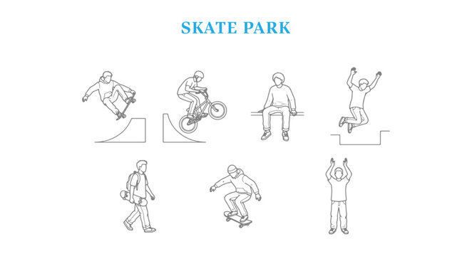 Skate Park People Vector Set Isometric View and Elevation Scale Figures for Architectural Diagrams