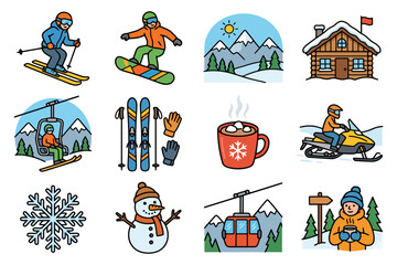 Naklejka premium Winter activities and sports icons: skiing, snowboarding, snowmobiling, snowman.
