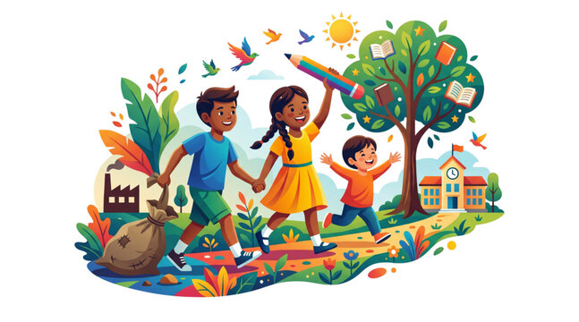 World Day Against Child Labor vector illustration with happy children, school education, books, factory background, nature elements and freedom awareness concept