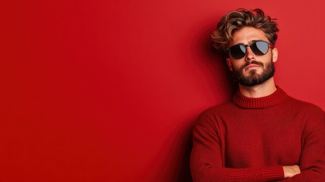 A fashionable young man with a well-groomed beard and stylish sunglasses poses confidently against a vibrant red background, exuding charisma and confidence.