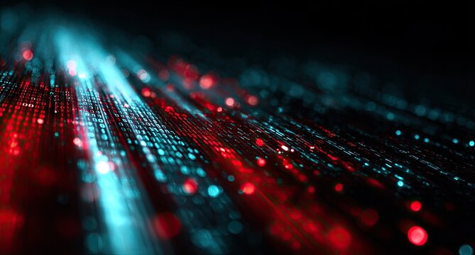 Abstract artistic rendering with red and blue data streams, glowing and blurred on dark backdrop