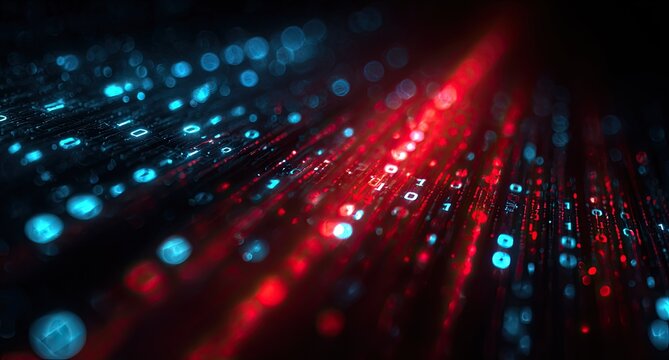 Abstract depiction of digital data streaming, with red and blue light effects, and binary code