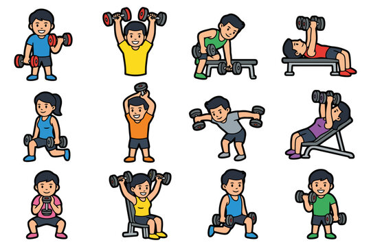 Cartoon characters exercising with dumbbells and barbells in various workout positions.