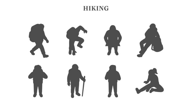 Isometric Hiking People Silhouette Vector Set, Solid Black Landscape Architectural Entourage Figures for Renderings and Site Plans