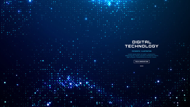 Futuristic abstract technology texture with blue glowing pixel dots and digital grid pattern on dark navy background. Modern data backdrop for tech presentation, fintech, cyberspace, science