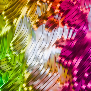 Abstract background of slices of wavy shiny metal objects in green, yellow, orange and pink tones with a white core