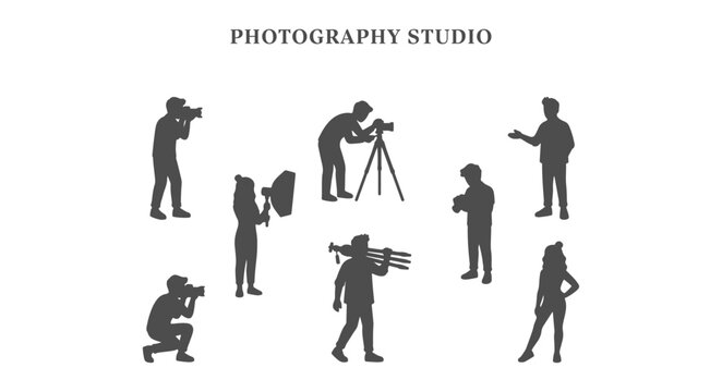 Isometric Photography Studio People Silhouette Vector Set, Solid Black Architectural Entourage Figures for Renderings and Site Plans