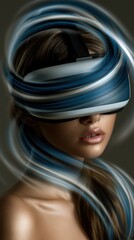 Naklejka premium Calm teenage girl wearing advanced minimalist virtual reality headset for digital mental health therapy at peace.
