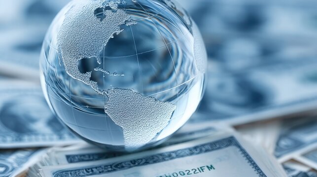 Transparent globe showing continents on blurred banknote background concept