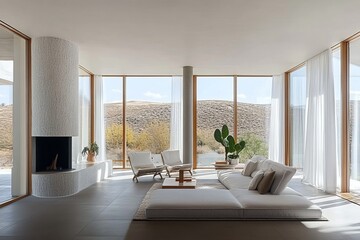 Fototapeta premium Bright and Airy Contemporary Living Room with Minimalist Design and Beautiful Nature Views Inside