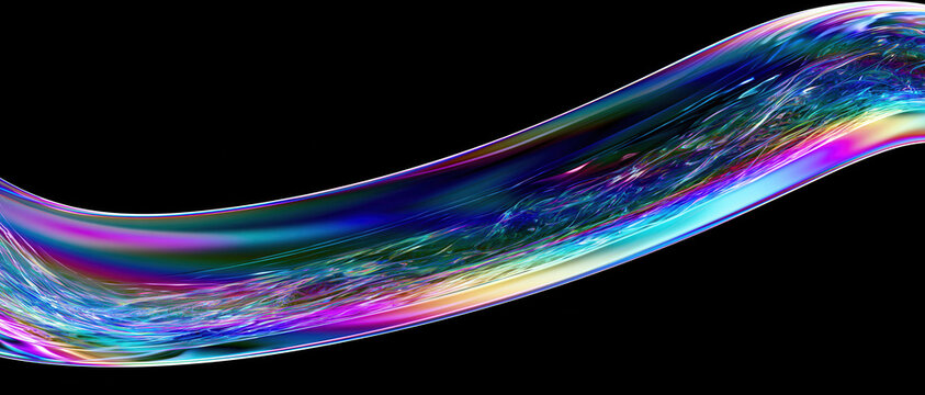 vibrant iridescent glass ribbon flowing through space in a dynamic abstract loop on black