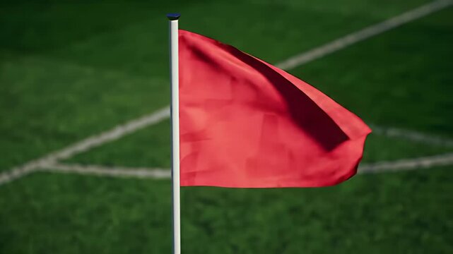 Red flag on white pole, grass field background