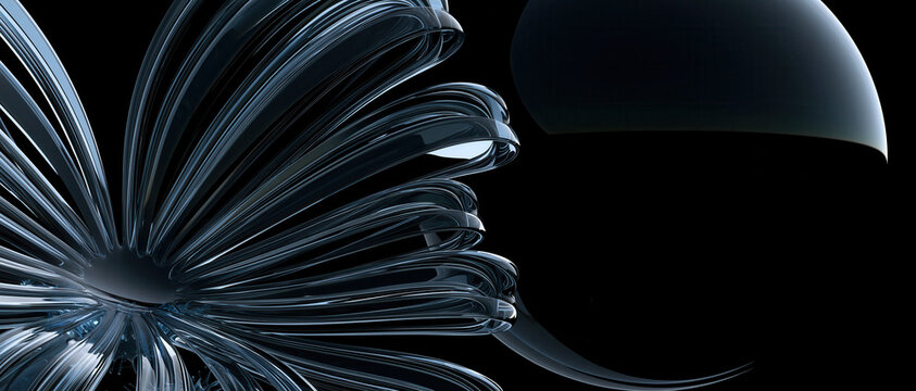 sculpted metallic alien flower bloom with iridescent glass petals abstract cosmic jewel in dark void