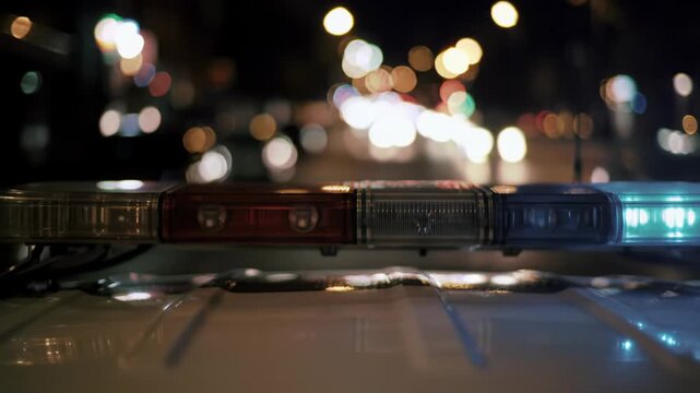 Close-up video of a modern police car roof, pulsating red and blue LED lights casting dynamic shadows on a blurred dark city street with ethereal bokeh. Urgent emergency concept