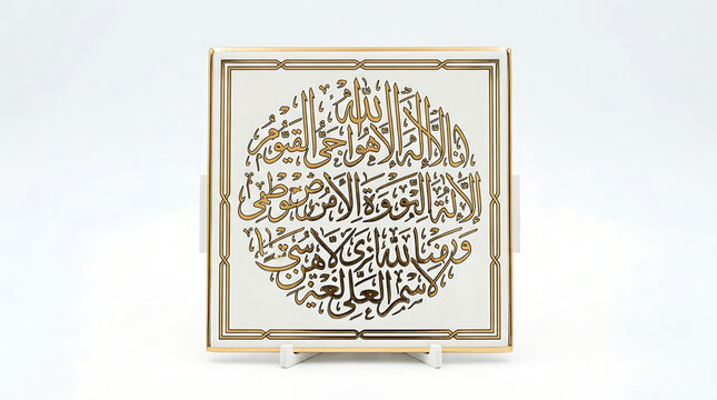 Elegant islamic wall art featuring gold calligraphy of ayat al kursi on a white ceramic tile displayed against a neutral background